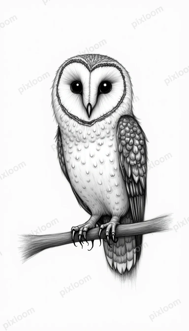 Pencil sketch of an owl perched on a branch, detailed feathe