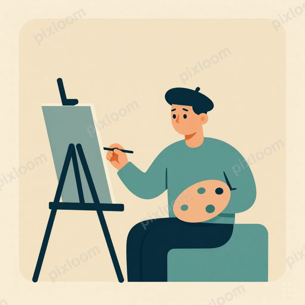 Retro editorial illustration of an artist in a mid-century m