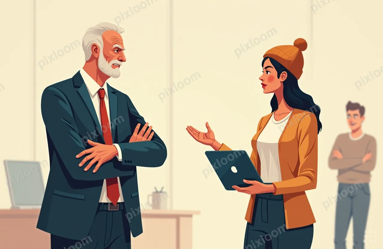 An older man in a suit stands with arms crossed, a stern exp