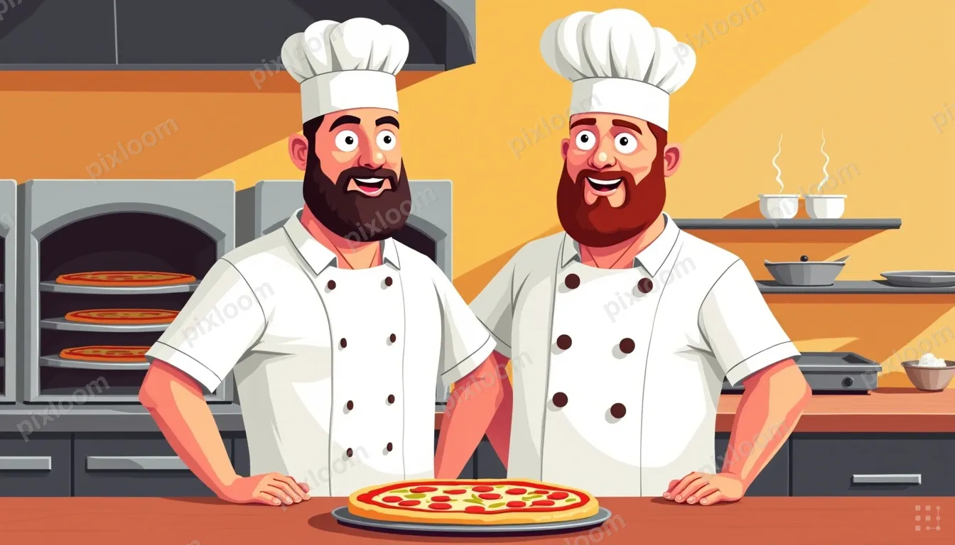 Two pizza chefs in white shirts and caps work in a busy kitc