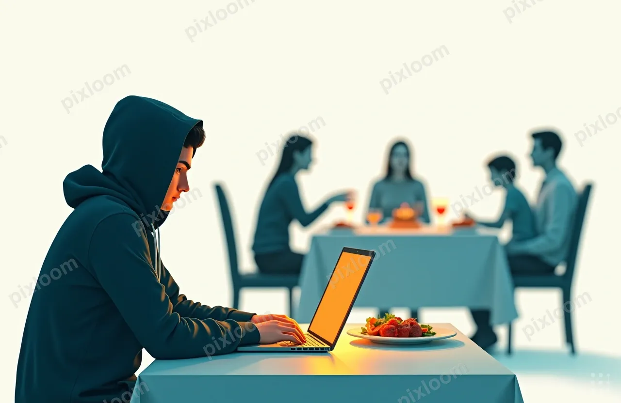 A person in a dark hoodie at a dinner table, family 
blurred
