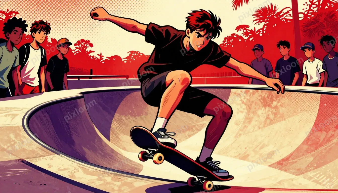 Teens skateboarding at a skatepark, one mid-trick, friends w