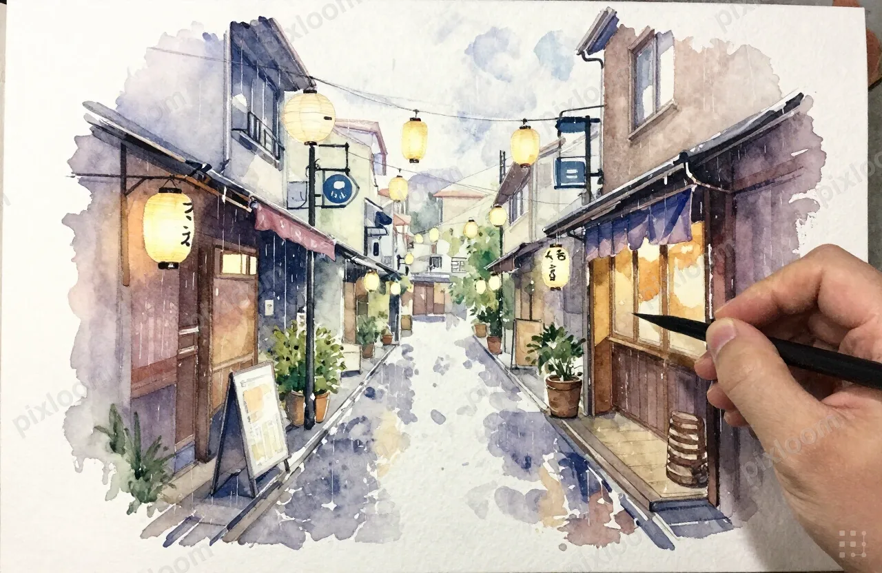Loose watercolor of a Tokyo back street in the rain, paper l
