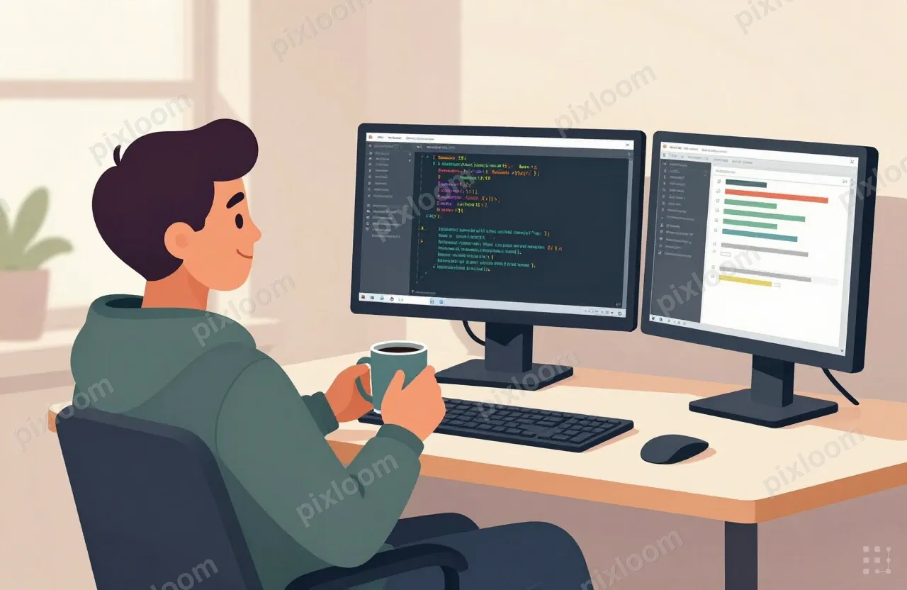 A relaxed engineer in a hoodie leaning back in a chair, coff