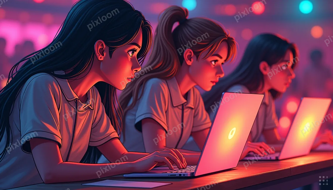 Comic-teens style esports tournament scene, team at computer