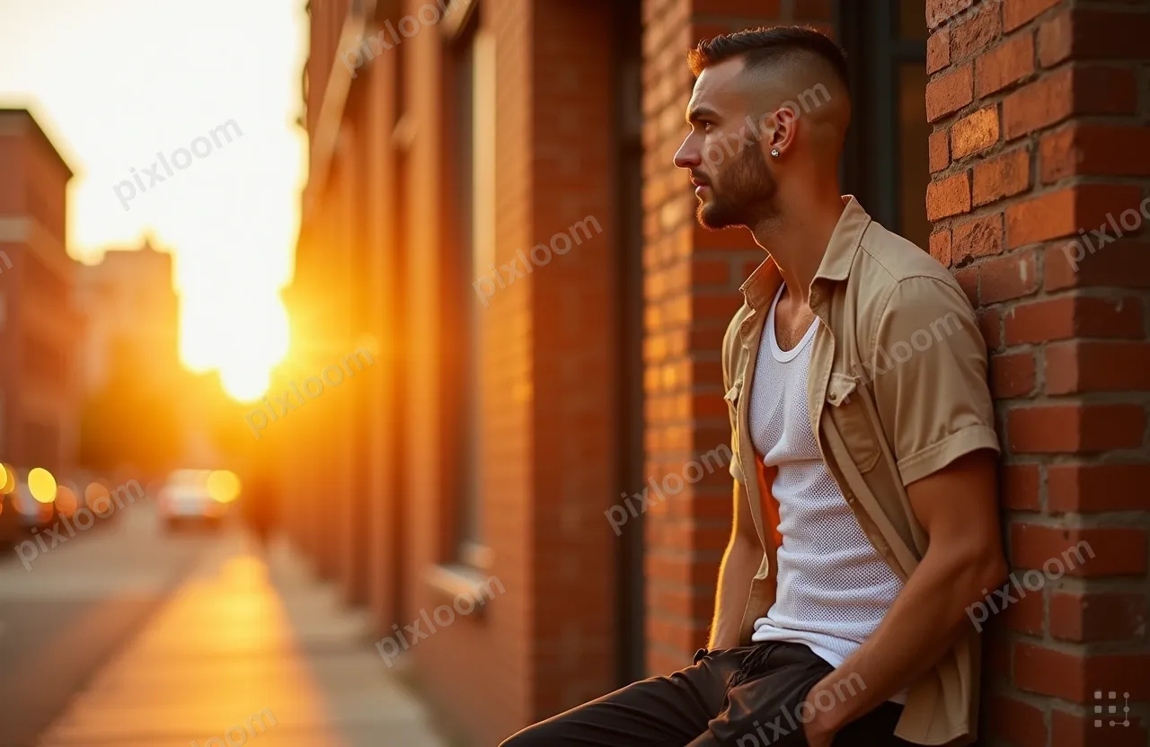 An urban street scene with a man leaning against a brick wal