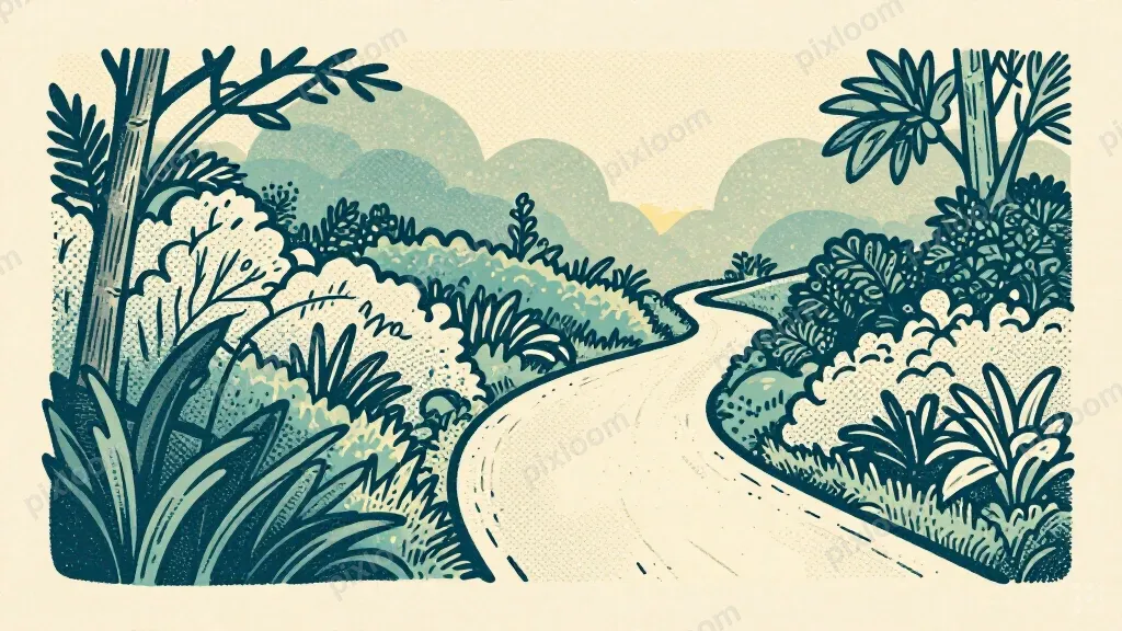 a winding path through a garden at dawn