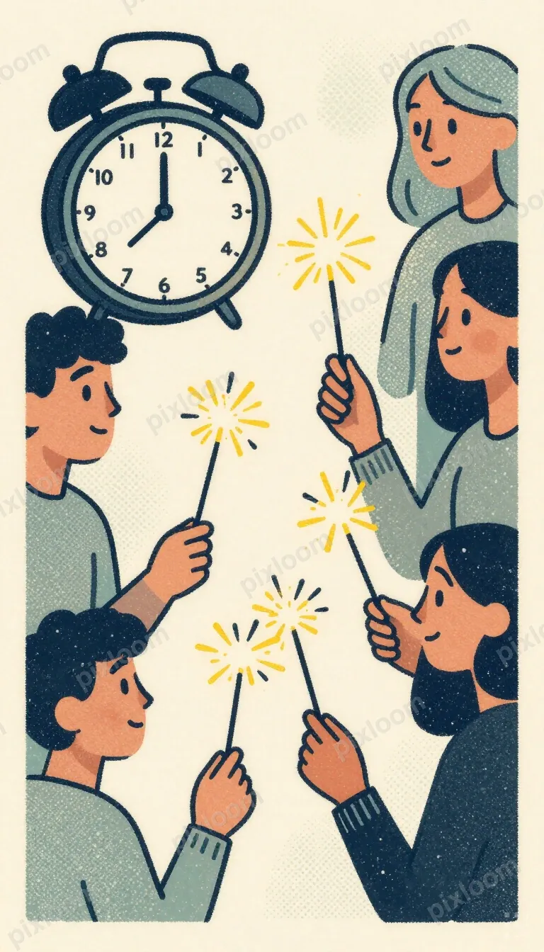 New Year's Eve countdown, sparklers in hands, clock approach