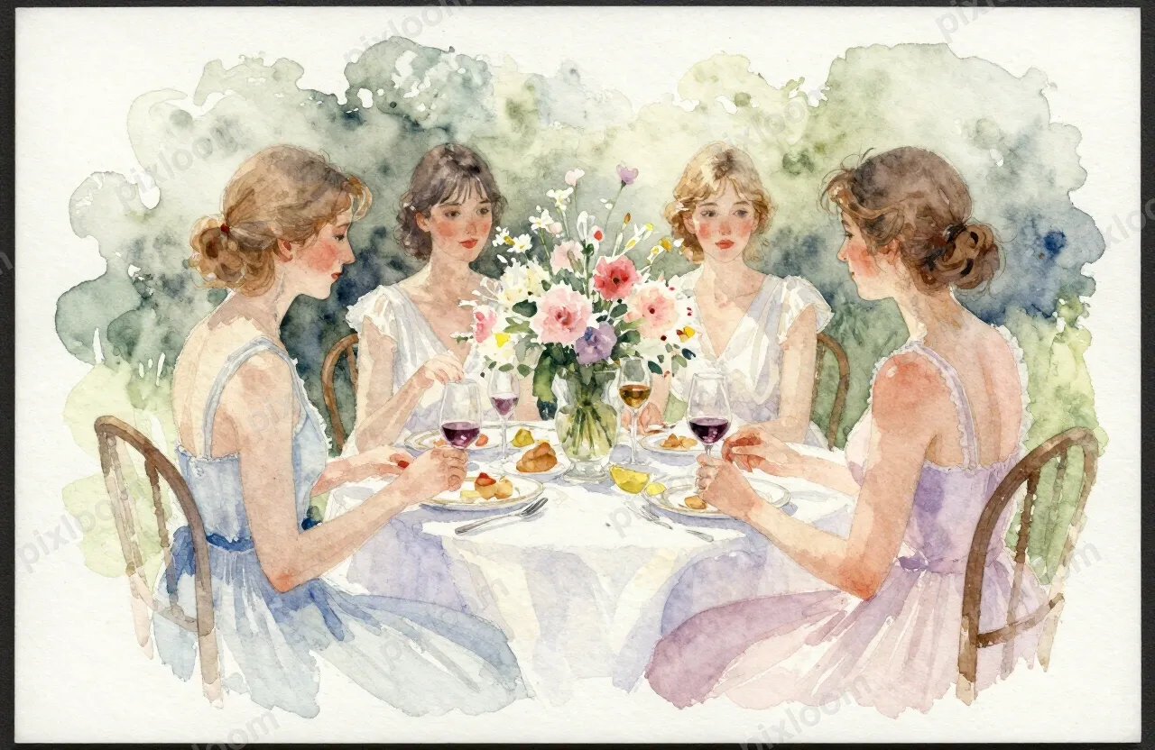 Watercolor painting of a garden party, flower arrangements, 