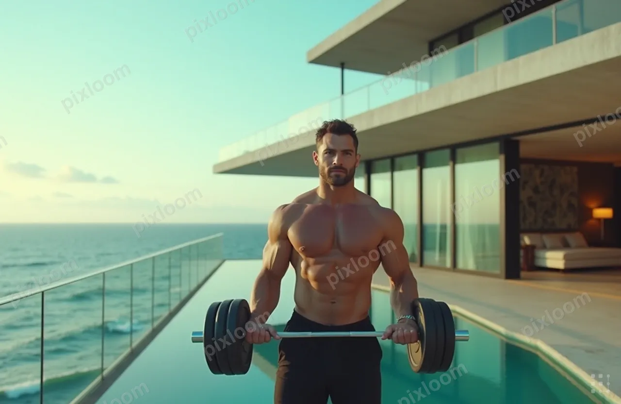 man lifting weights overlooking the ocean. he is on the deck