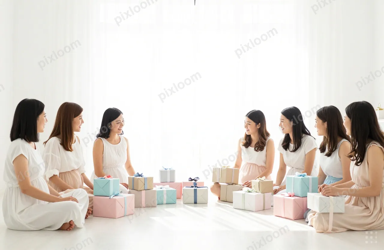 Baby shower with pastel decorations, gifts, friends gathered
