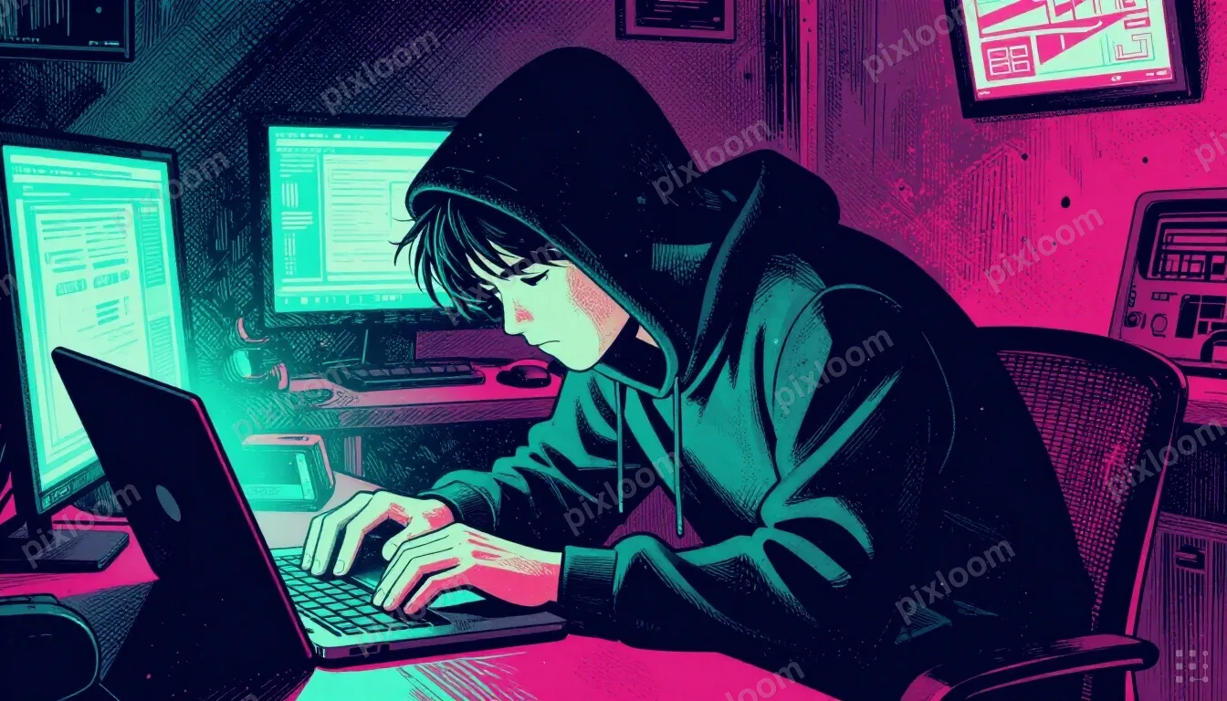 A person in a dark hoodie hunched over a glowing laptop late
