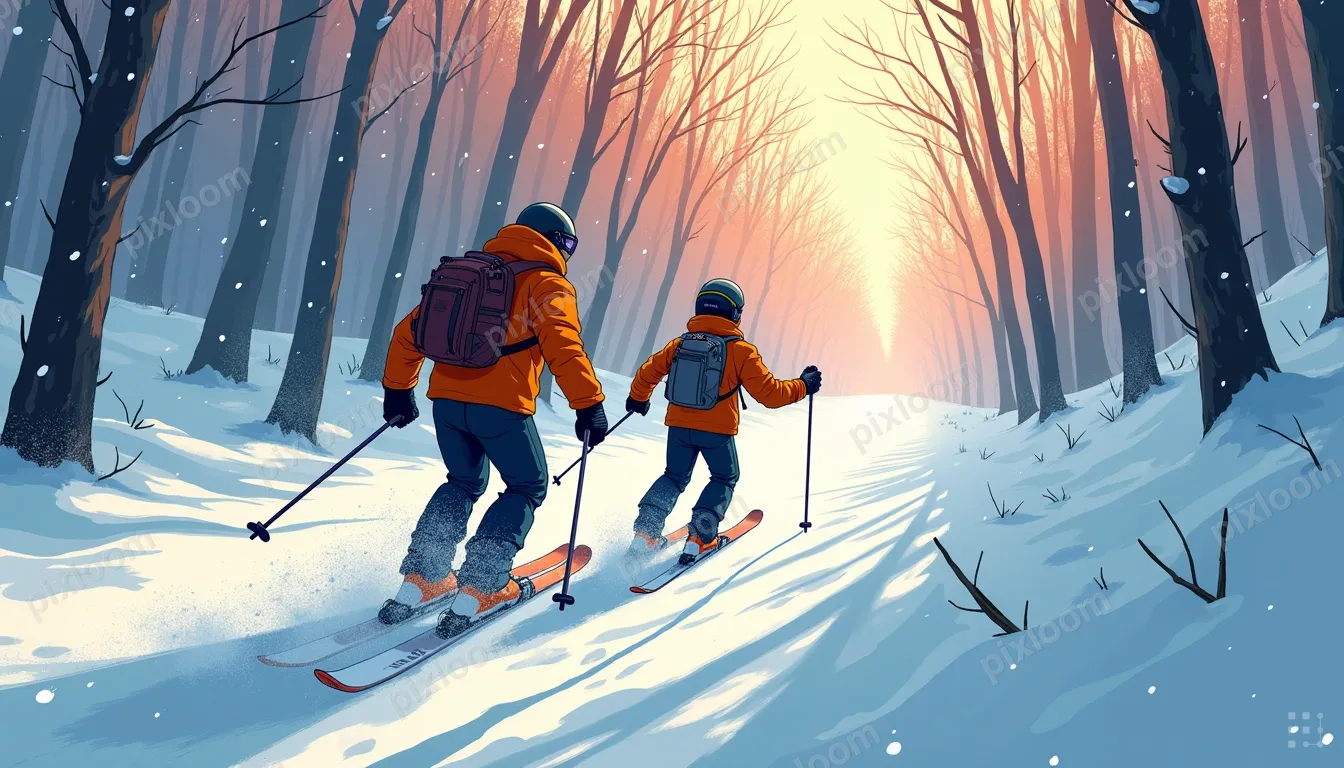 Rear view of a man and a boy skiing downhill through fresh p