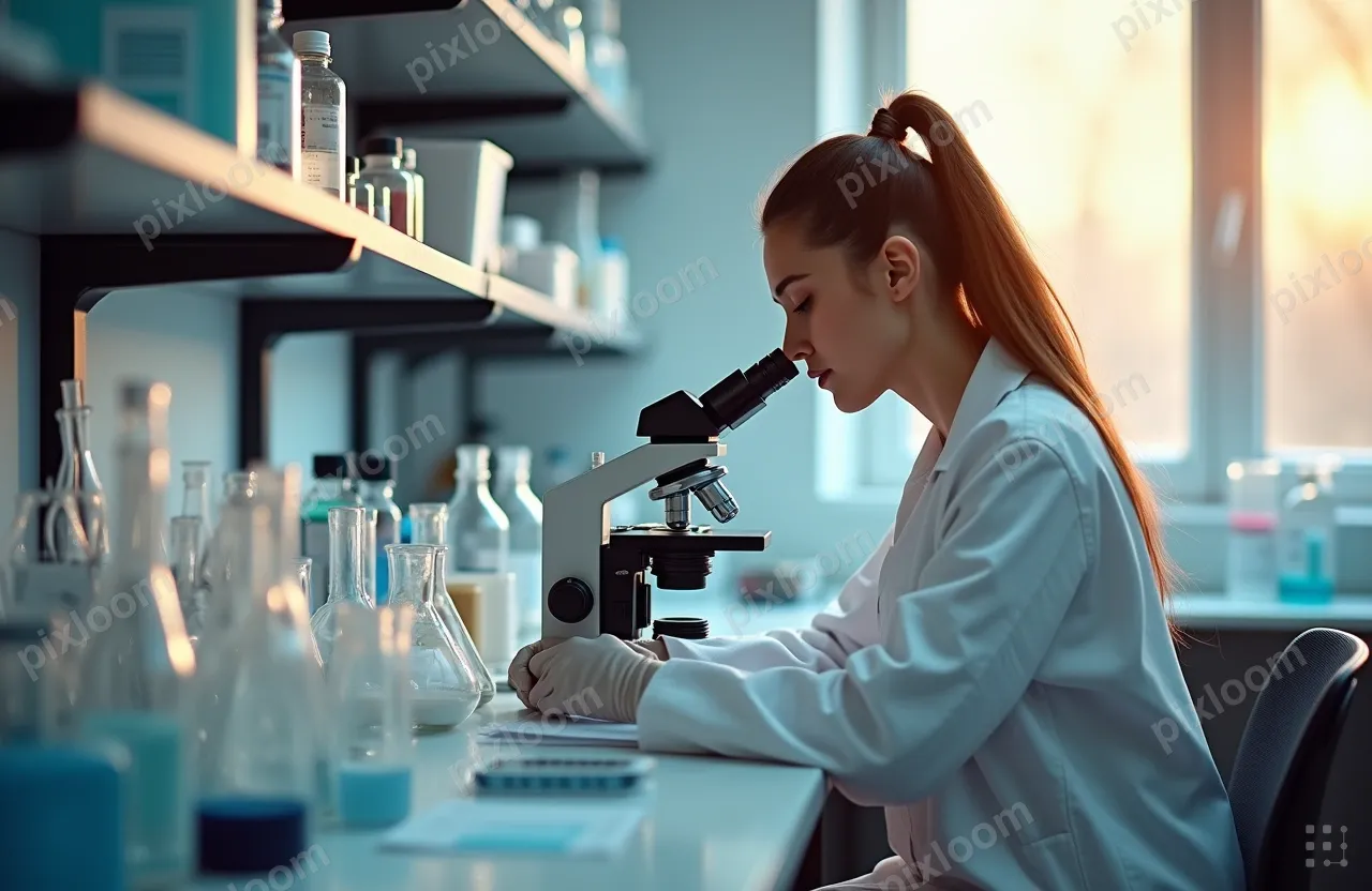 A woman in a lab coat sits at a laboratory bench, looking in