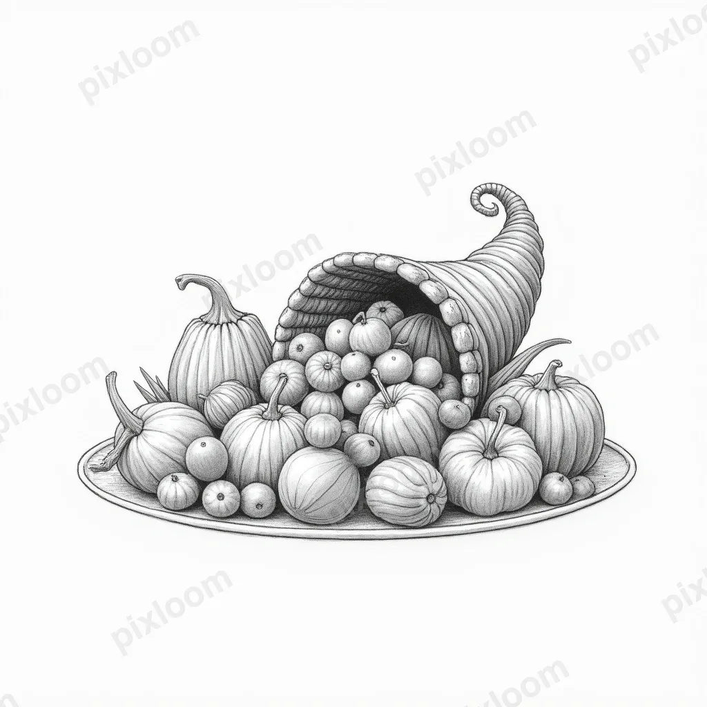 Pencil sketch of an elaborate Thanksgiving cornucopia, overf