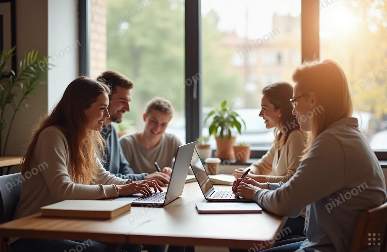 Study group of four students at a coffee shop table, laptops