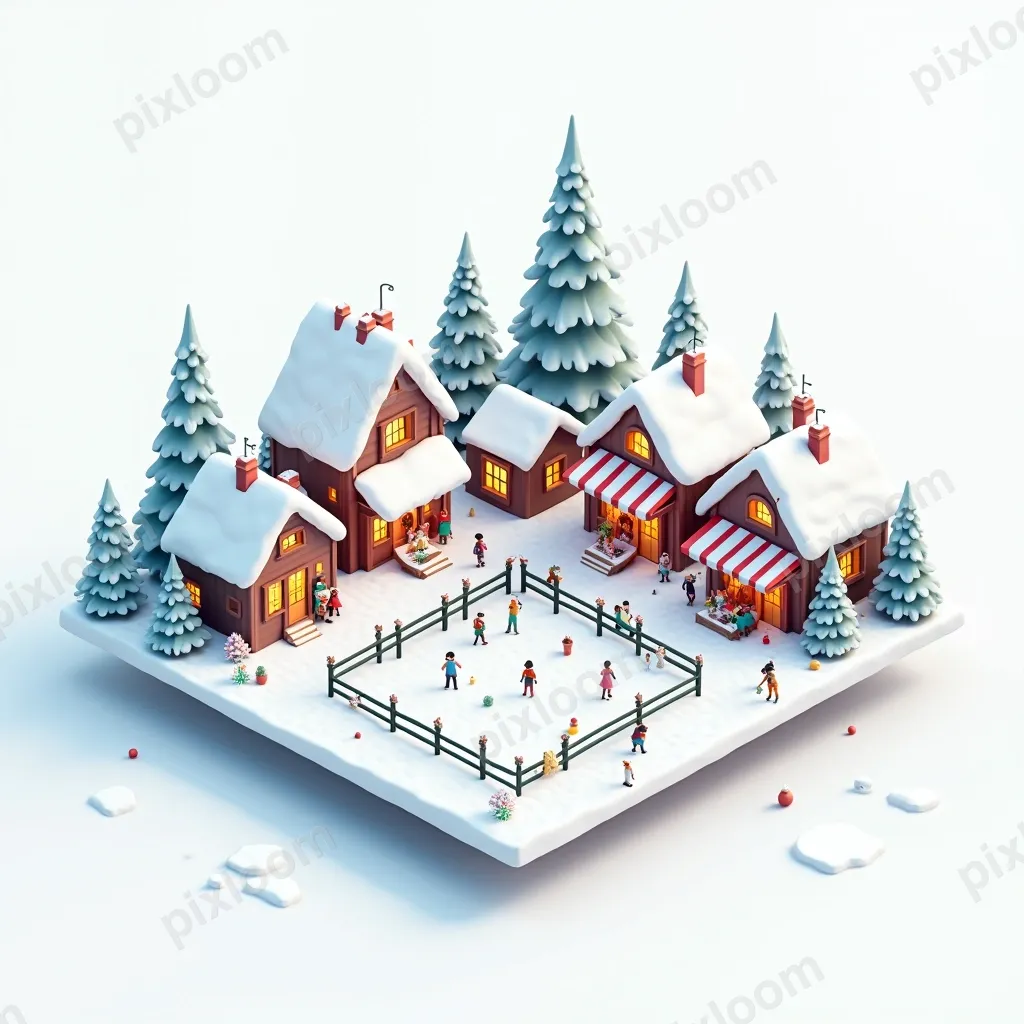 Isometric winter village scene — snow-covered houses, skatin