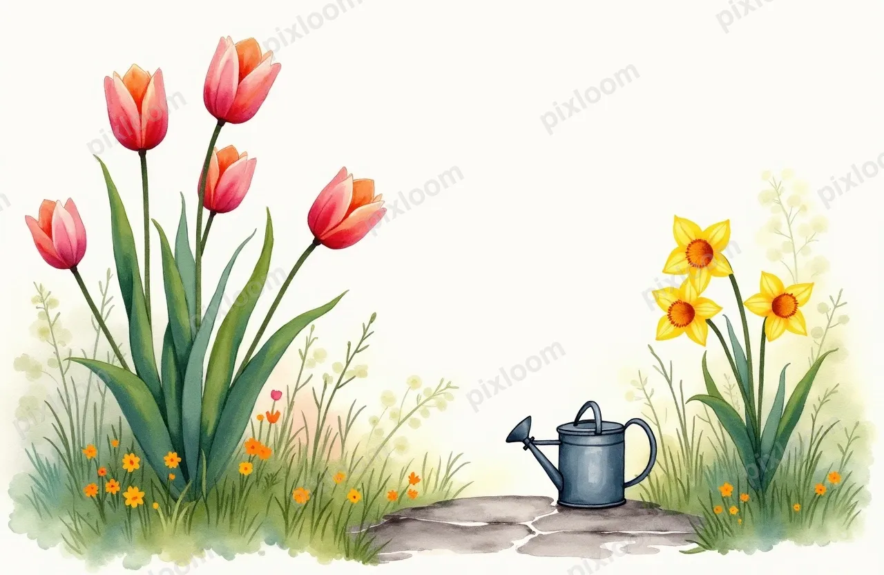 Watercolor spring garden with tulips, daffodils, watering ca