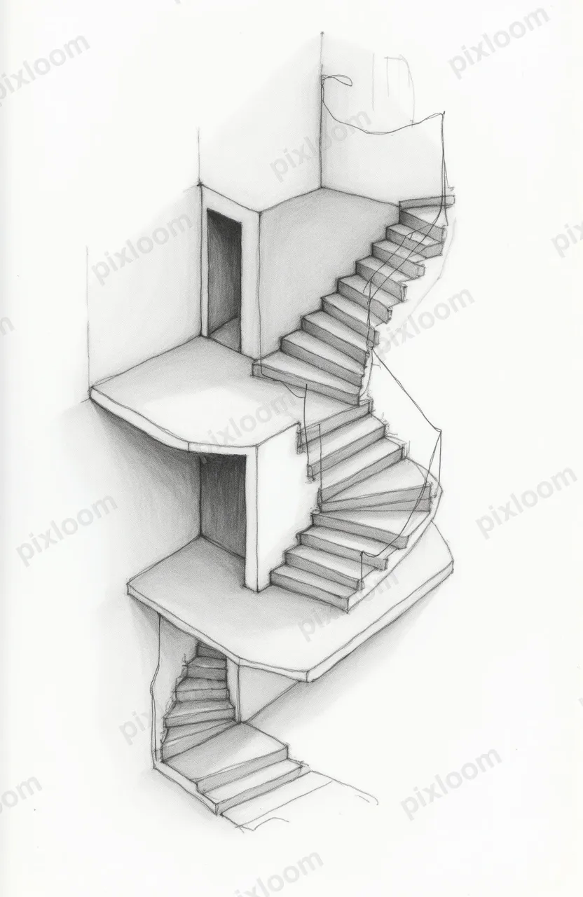 Pencil sketch of impossible Escher-like architecture, infini