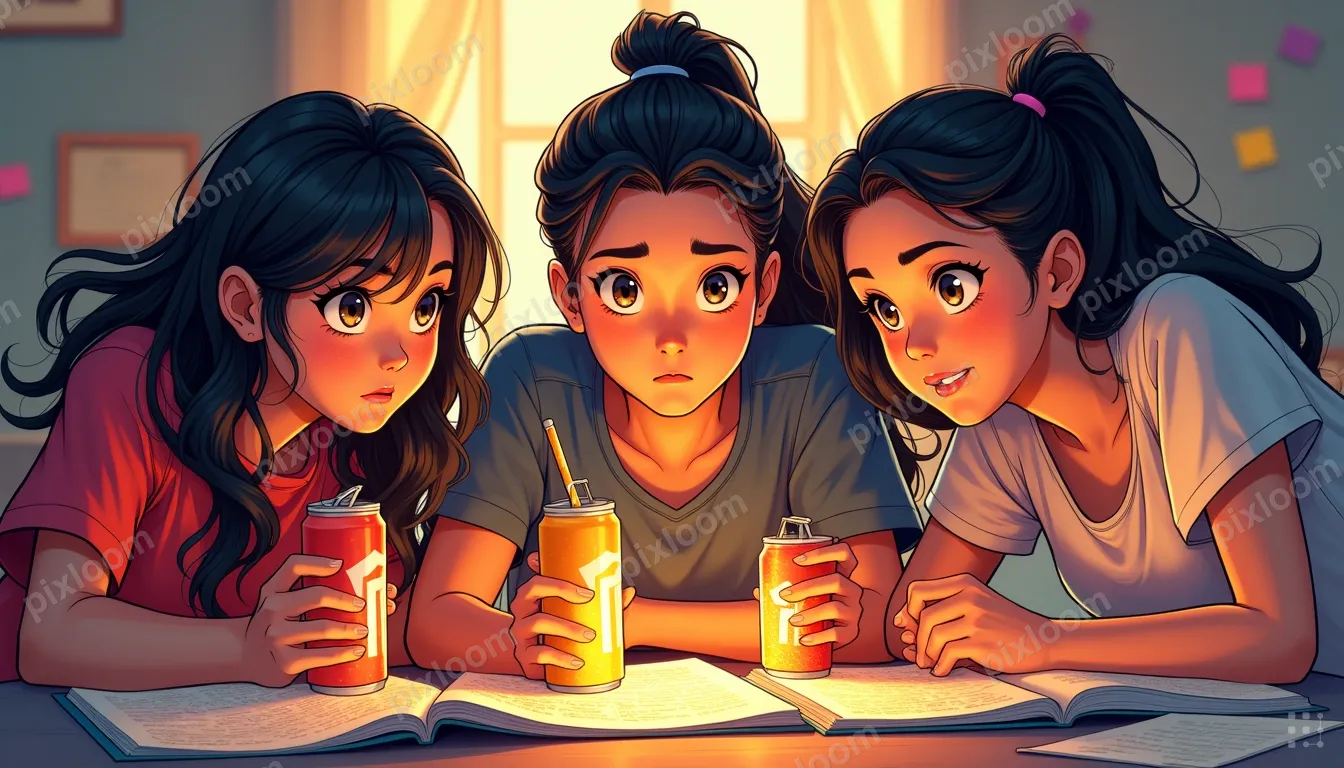 Comic teens studying together for finals, energy drinks, sti