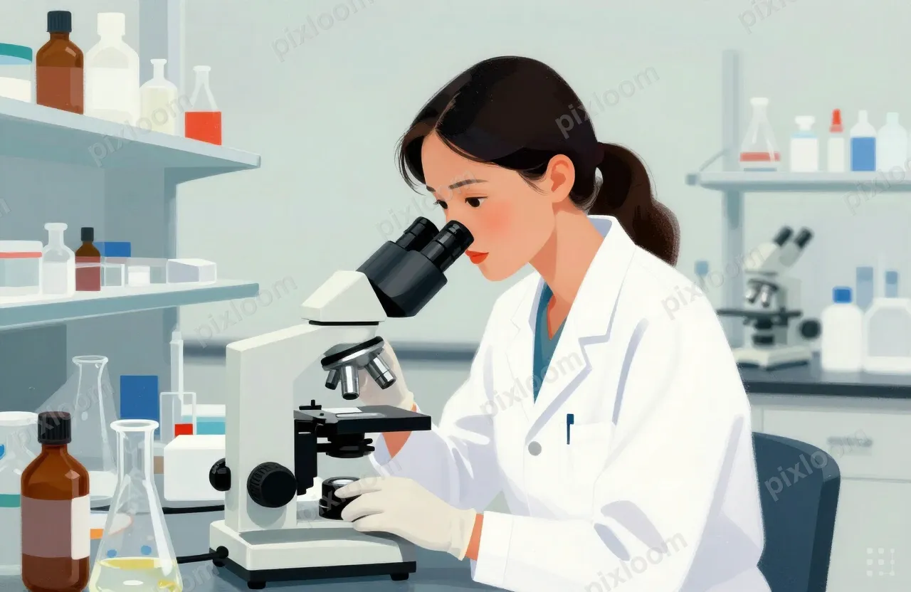 A woman in a lab coat sits at a laboratory bench, looking in