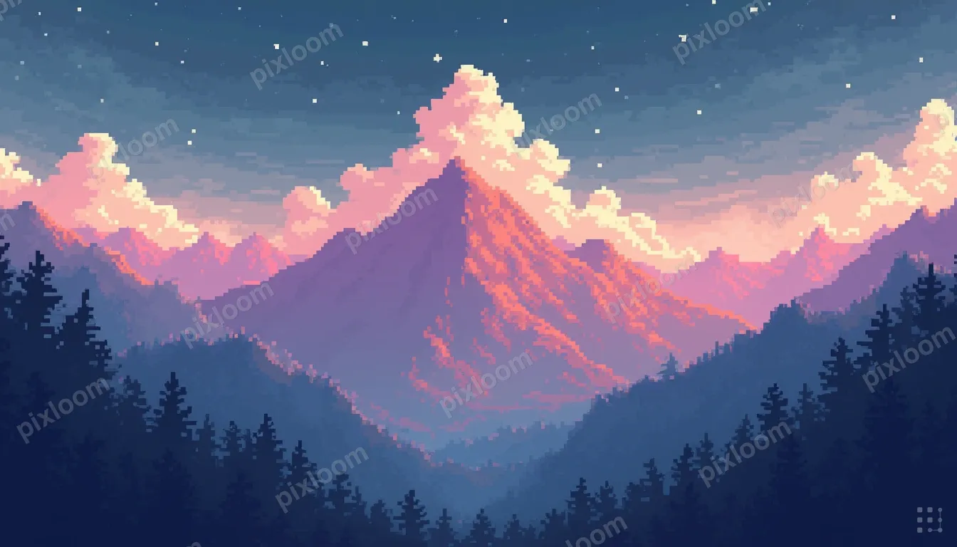 Pixel art abstract landscape — layered parallax mountains, r