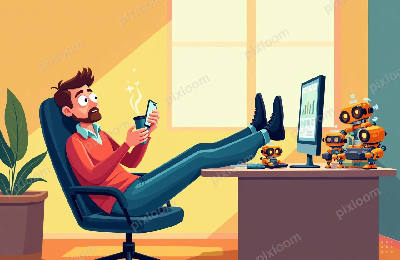 A software engineer leaning far back in an office chair, fee