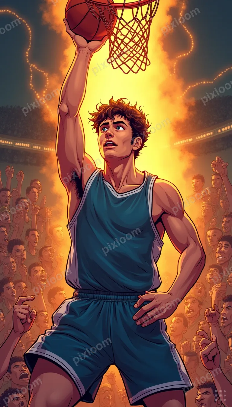 Comic-teens style basketball game scene, player going for a 
