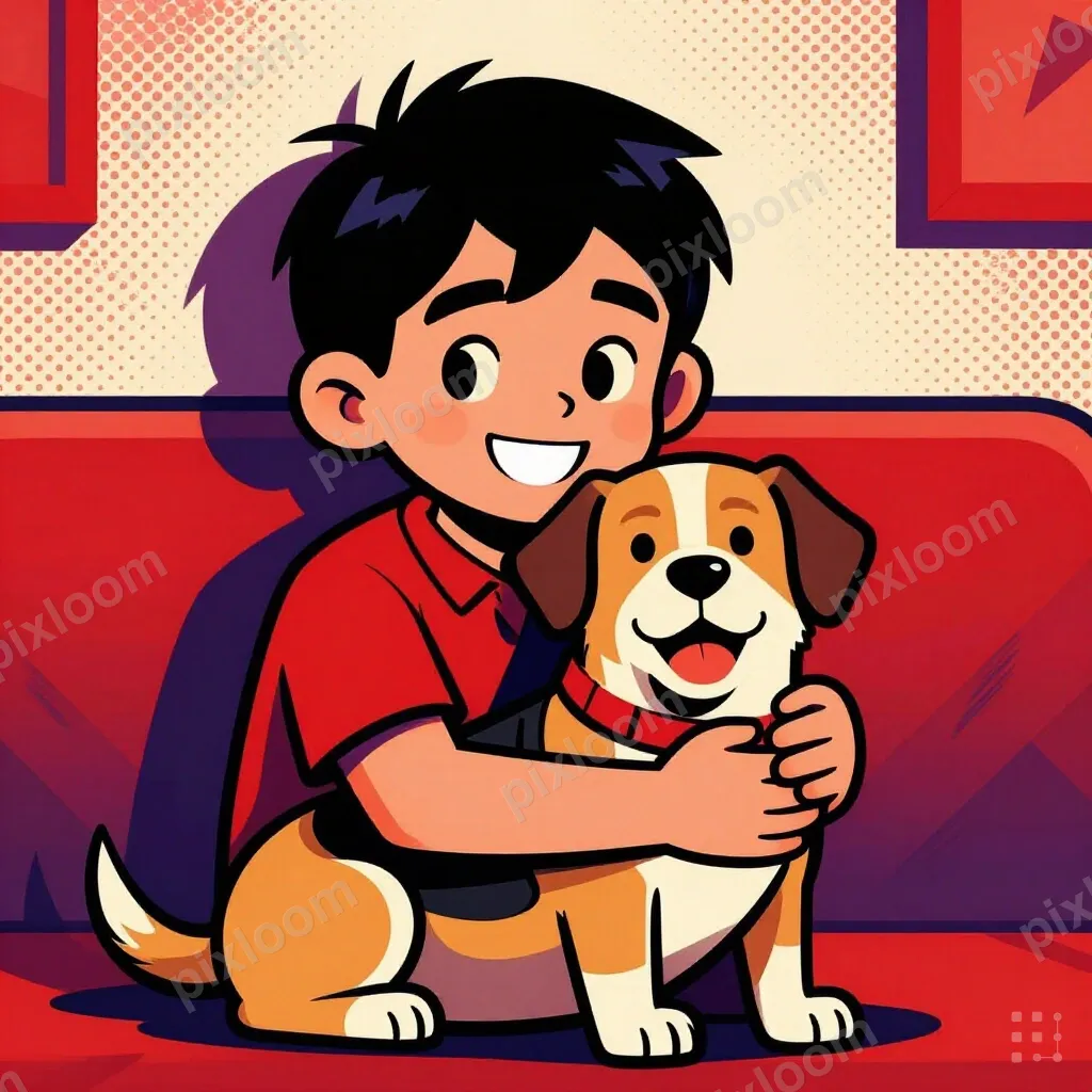 Child hugging a therapy dog, big smile, comfort animal vest,