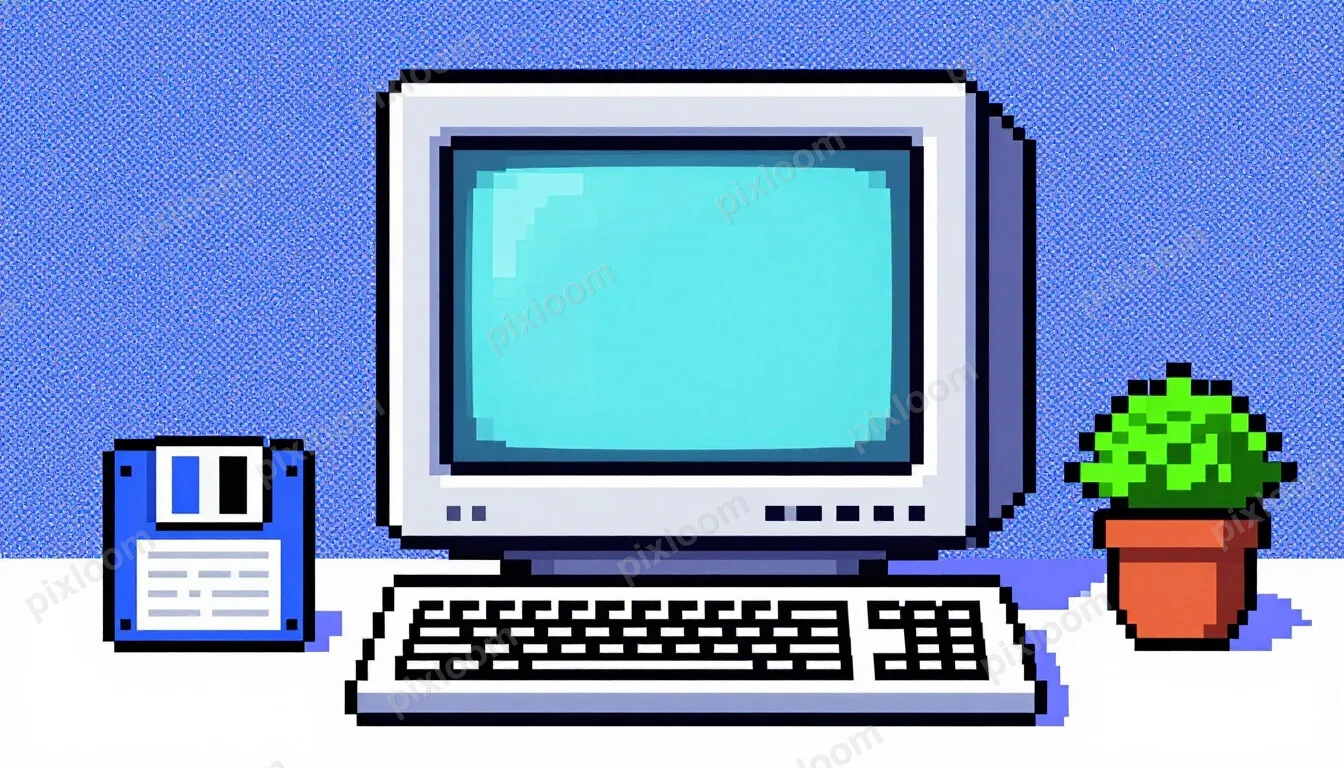 Pixel art retro computer setup — CRT monitor, chunky keyboar