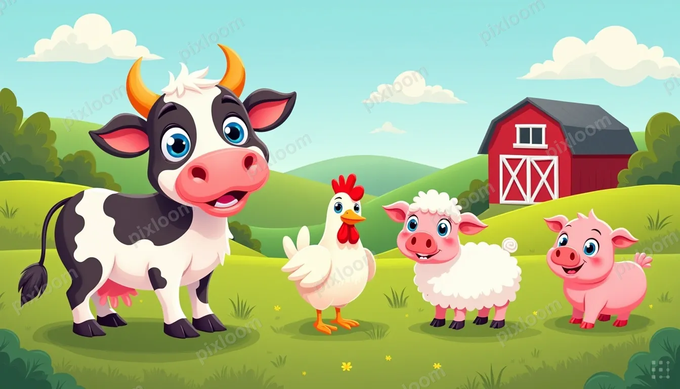 Cartoon farm scene with happy cow, chicken, pig, and sheep, 