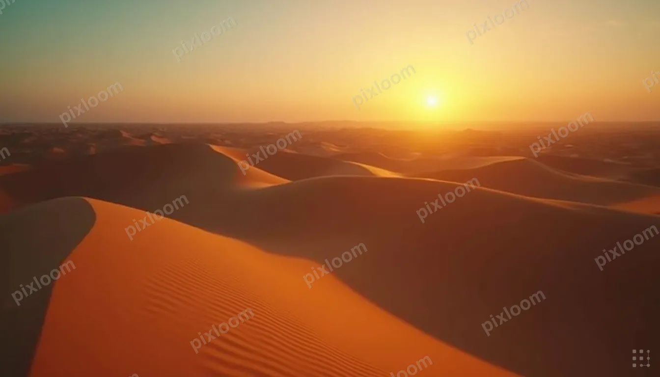 Rolling sand dunes in the Sahara at sunset, long shadows, ri