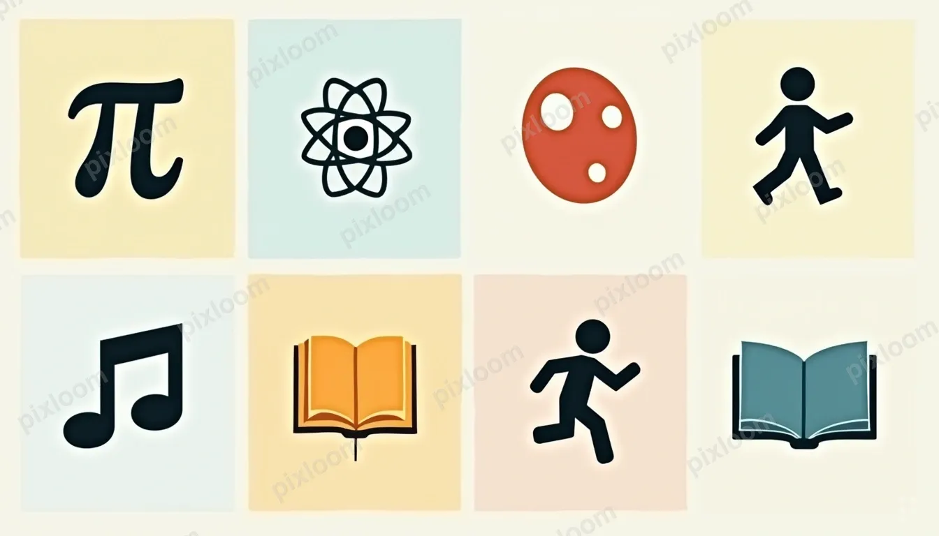 Flat icon set of education subjects — math, science, art, mu