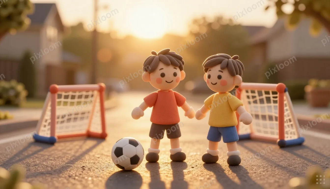 Kids playing soccer in a neighborhood street, makeshift goal