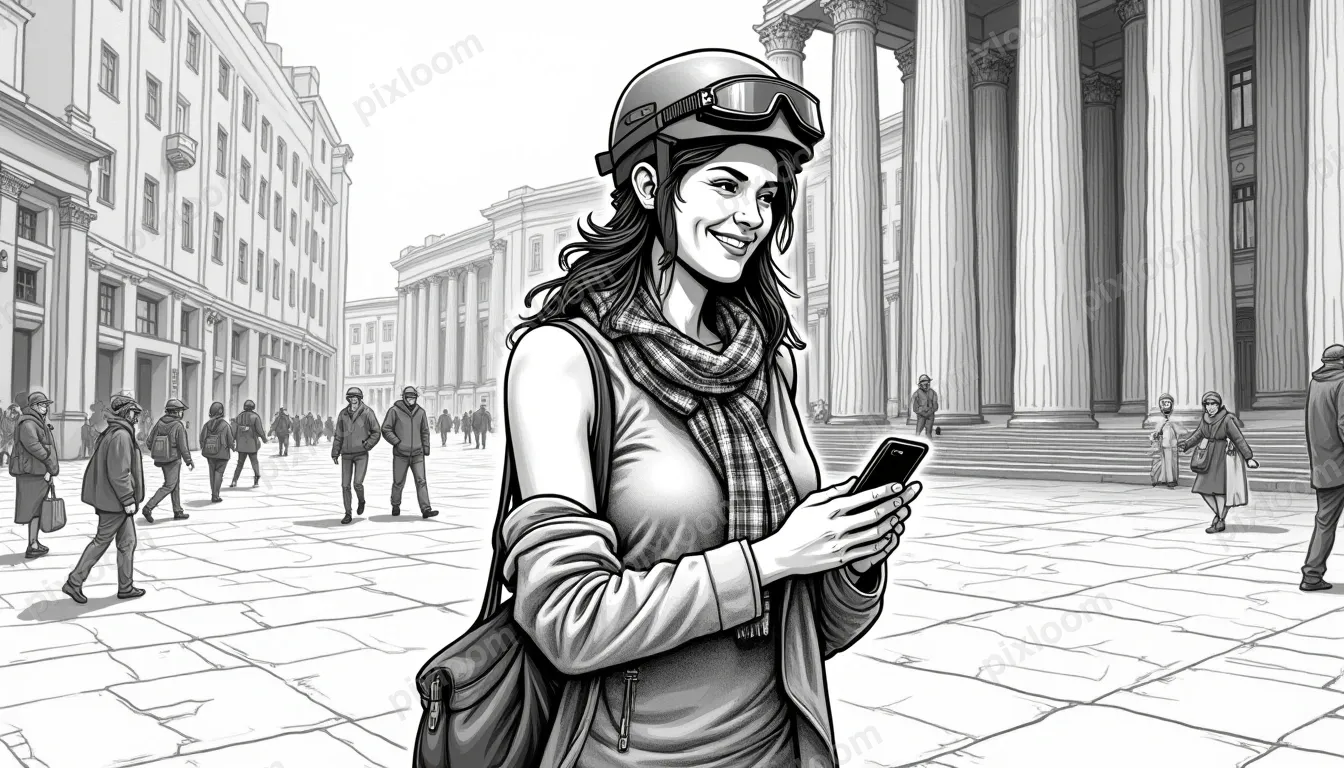 A smiling woman walks through a city square, looking at her 