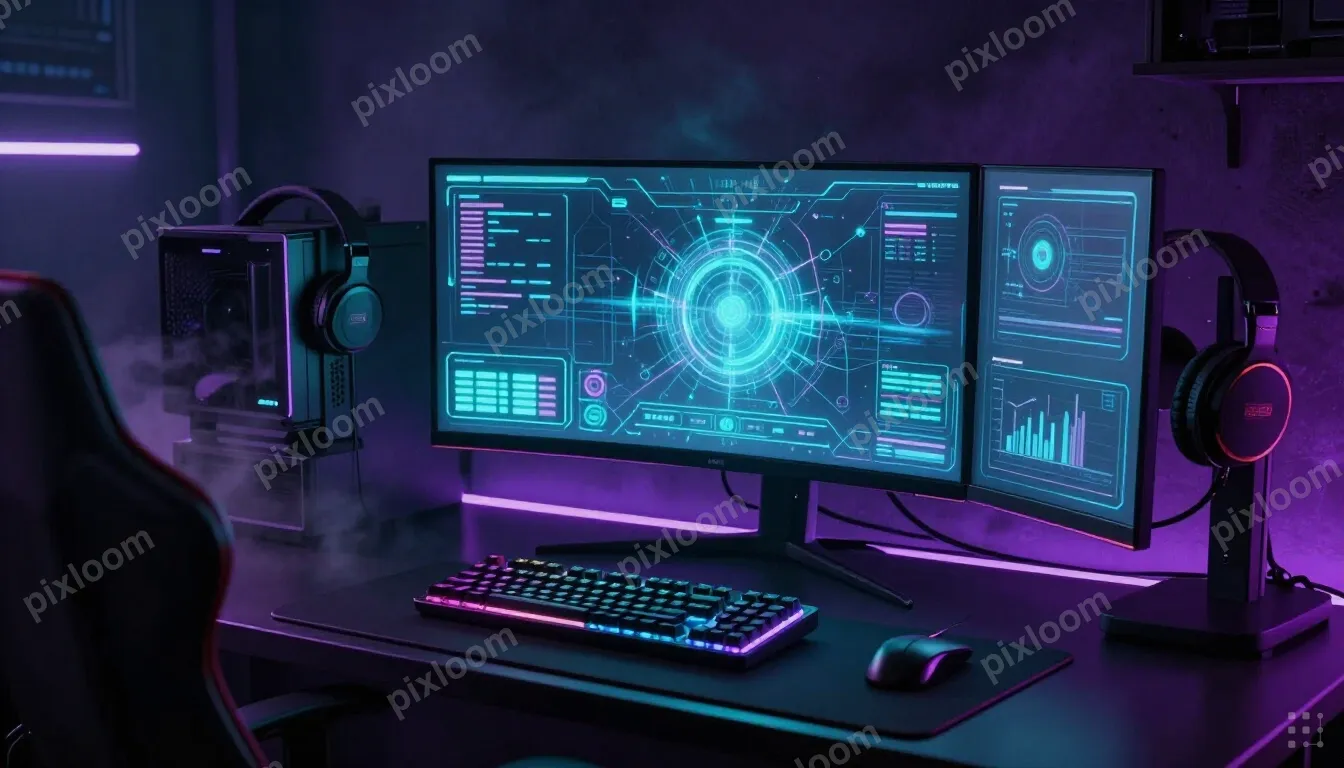 Neon-lit gaming setup with RGB keyboard, ultrawide monitor, 