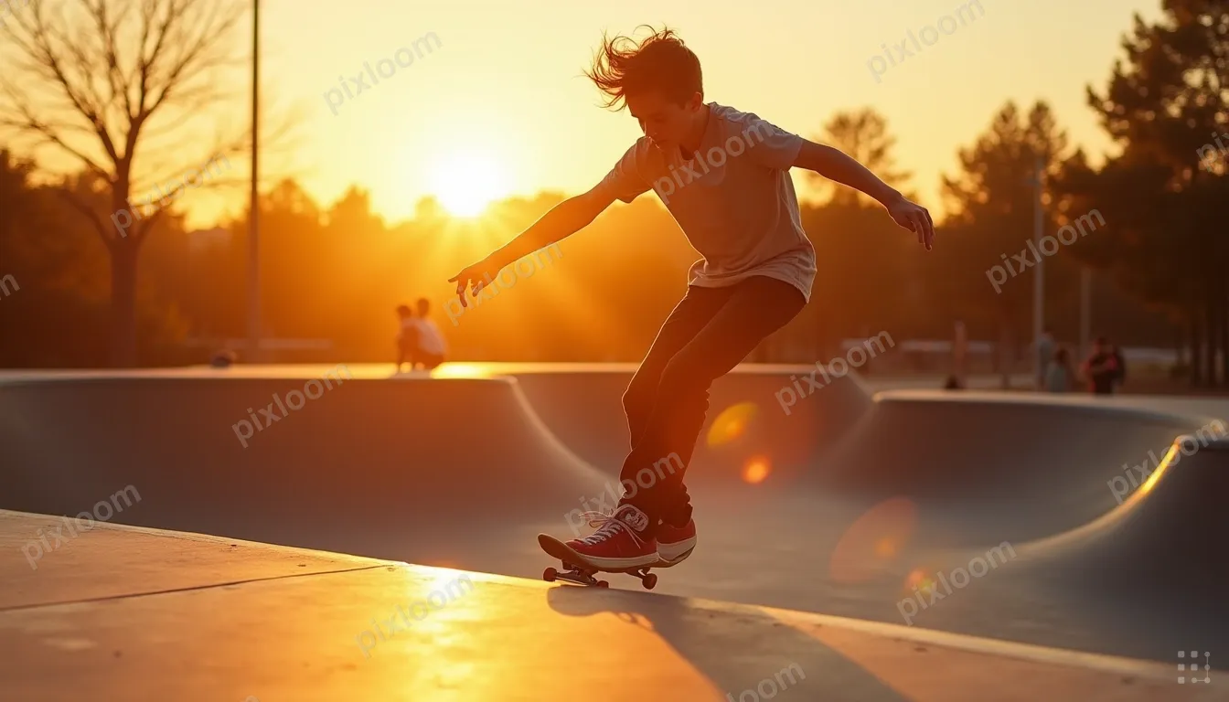 Teens skateboarding at a skatepark, one mid-trick, friends w
