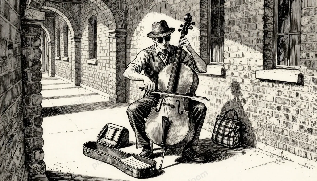 A man in a hat and sunglasses sits on a low stool in a sunli