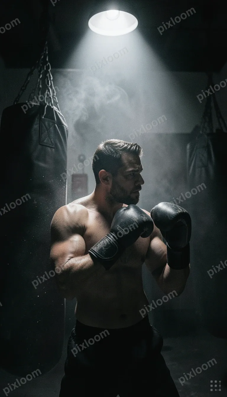 Noir-style boxing gym, heavy bag under single spotlight, cha