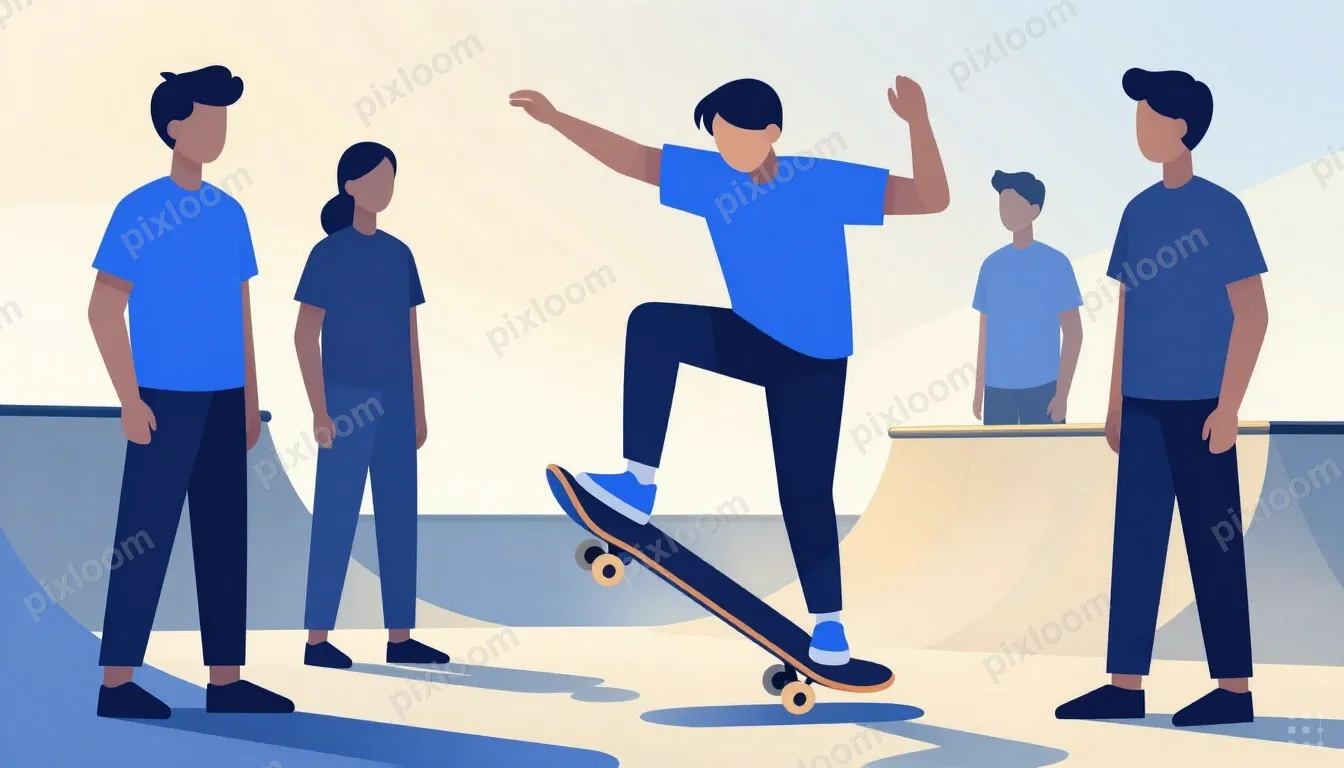 Teens skateboarding at a skatepark, one mid-trick, friends w