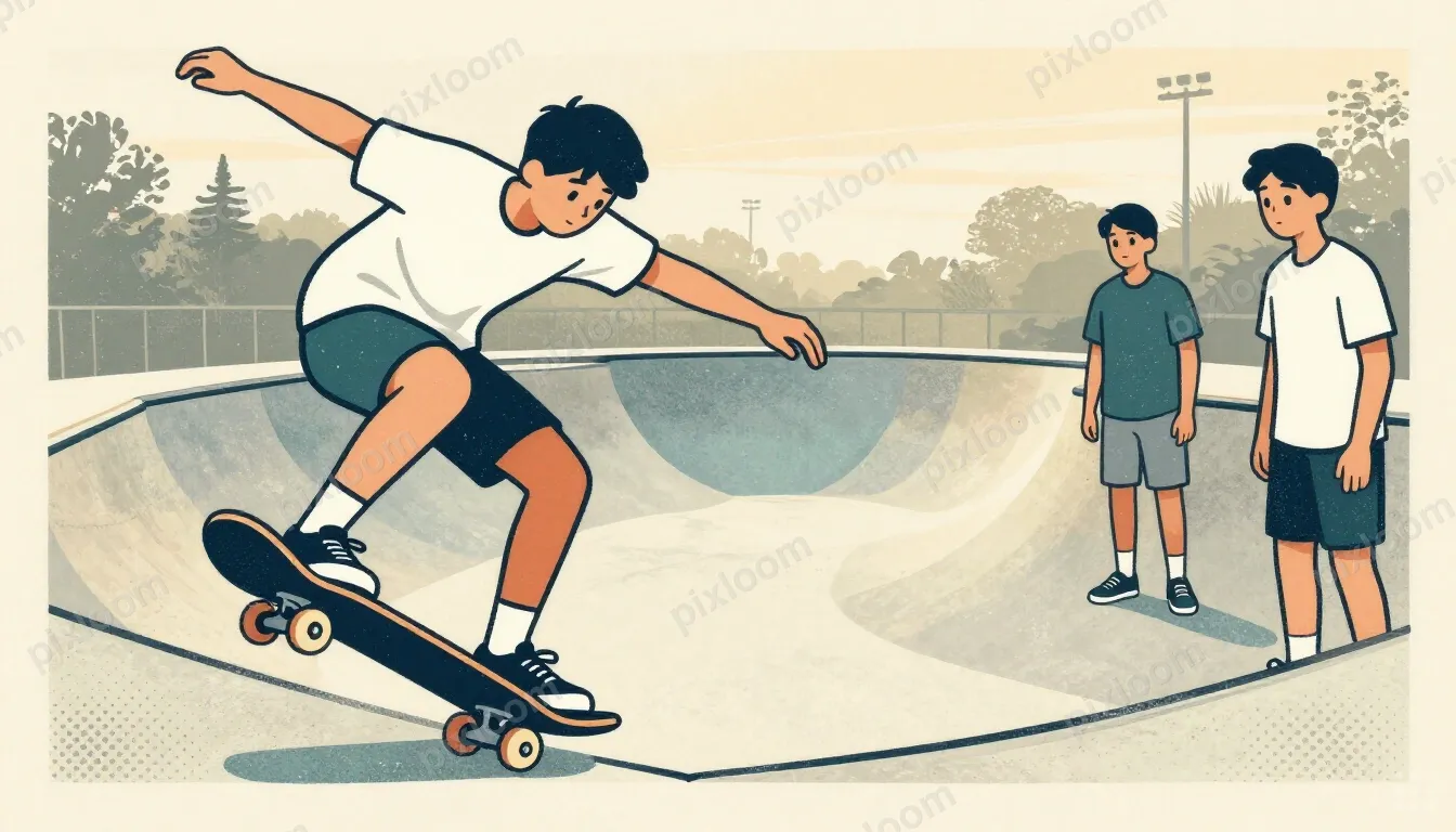 Teens skateboarding at a skatepark, one mid-trick, friends w