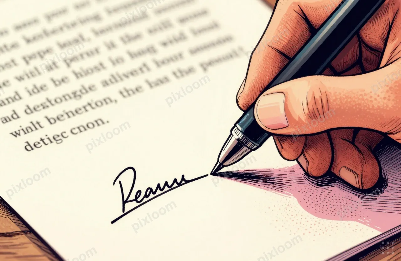 A signature line on an official document, pen tip touching t
