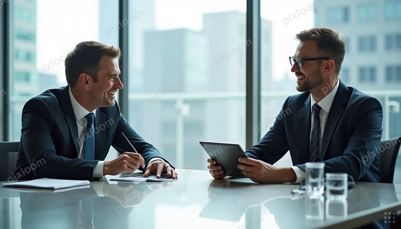 Two men in business suits sit at a conference table in an of