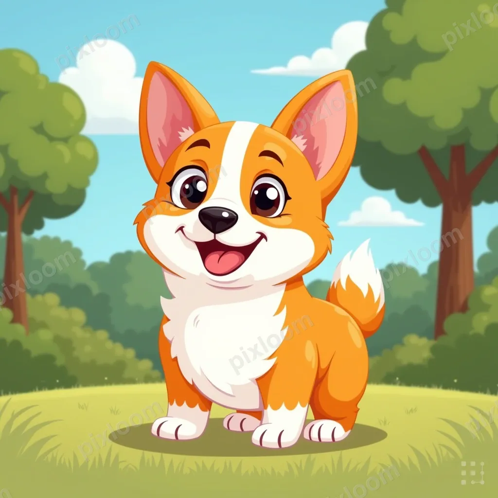 Cartoon corgi with oversized head, wagging tail, big happy e