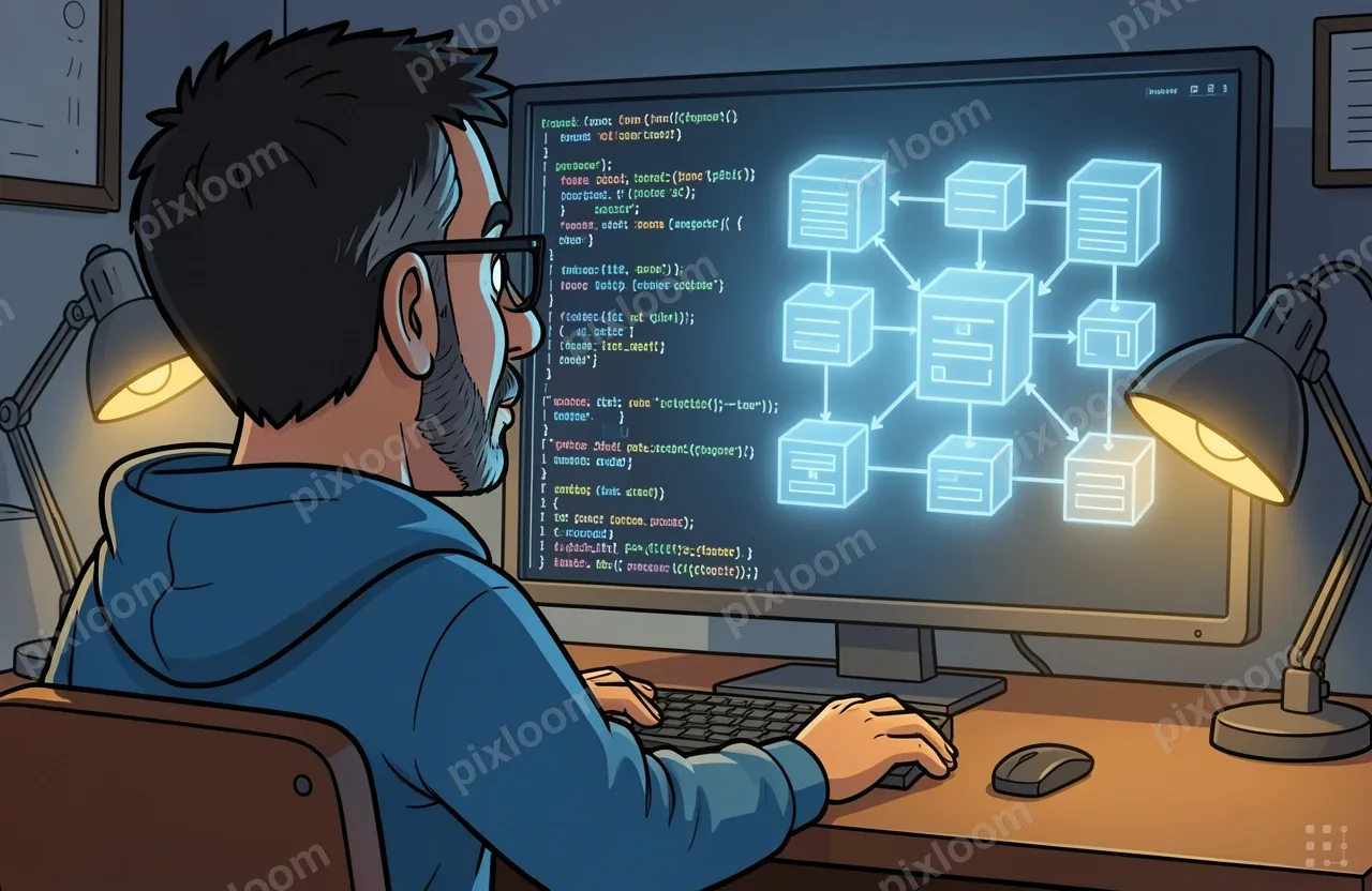 An engineer seen from behind, sitting at a desk at night, fa
