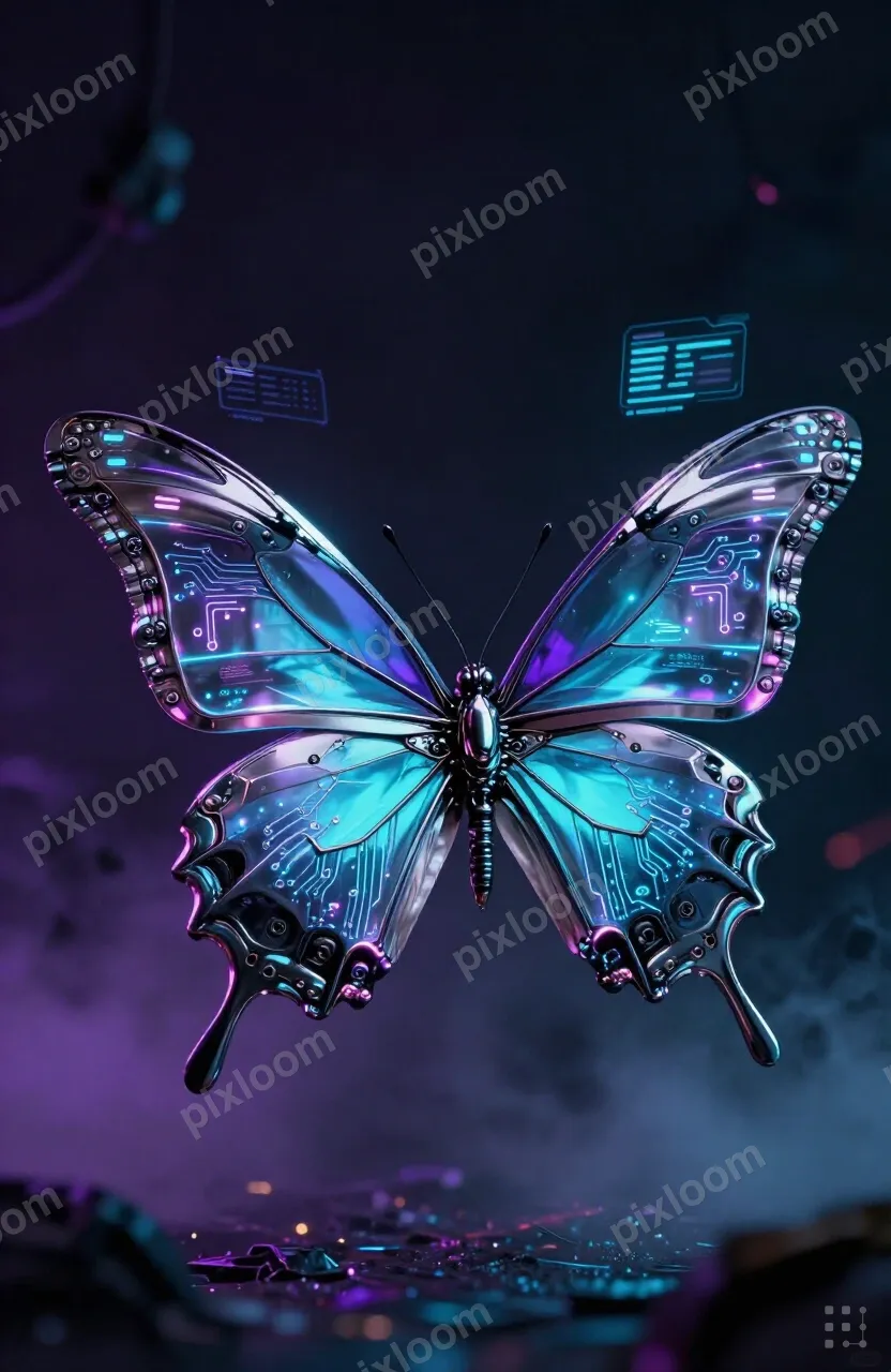Cyberpunk mechanical butterfly, chrome and neon wings, circu