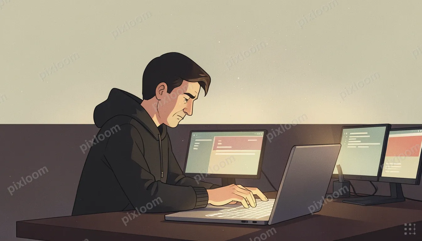 A middle aged person in a dark hoodie hunched over a glowing