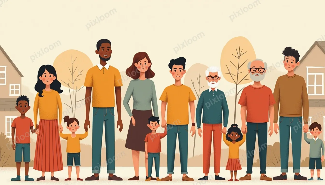 Modern illustration of diverse family types in a neighborhoo