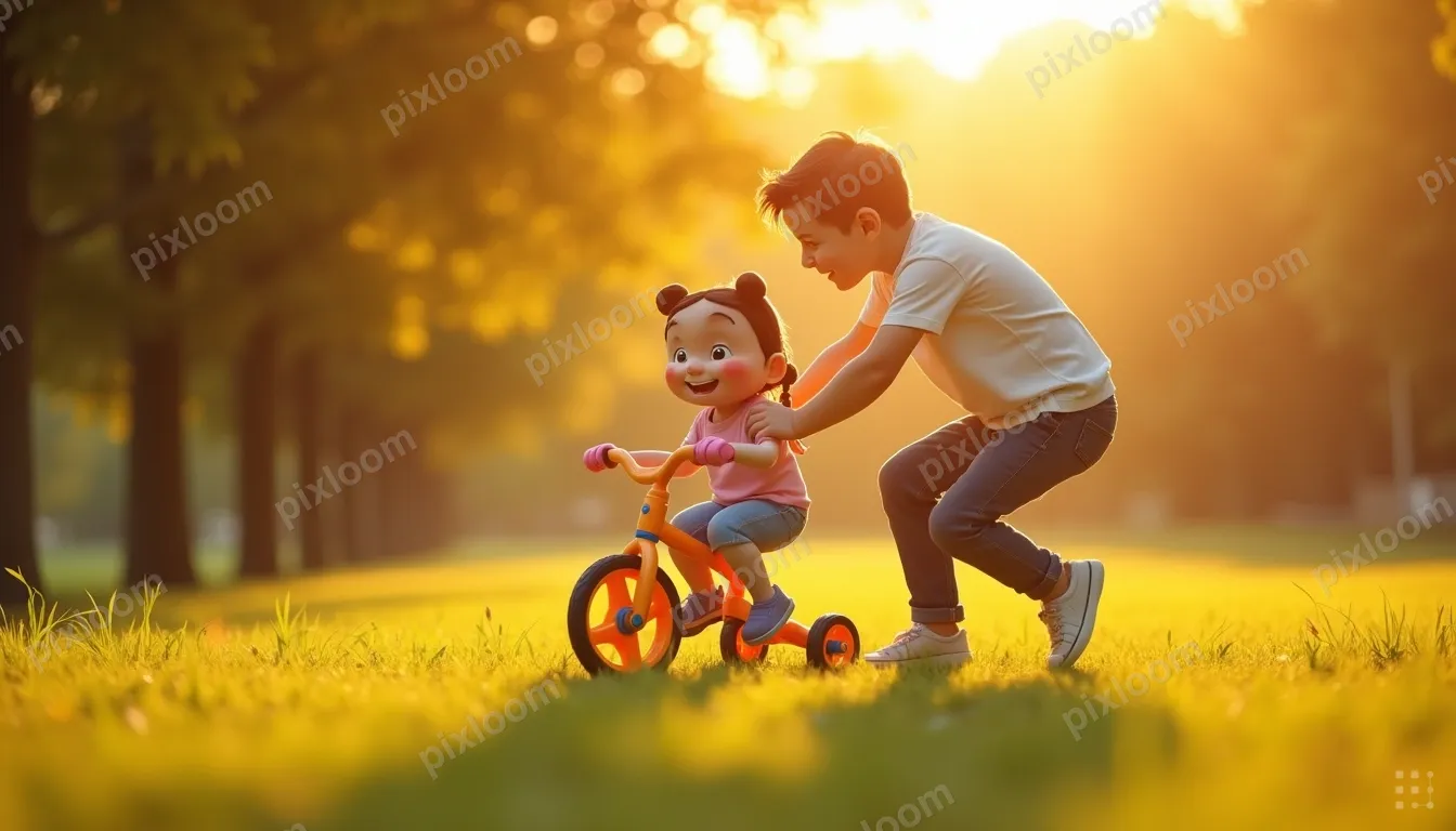 Father teaching daughter to ride a bicycle in a sunny park, 
