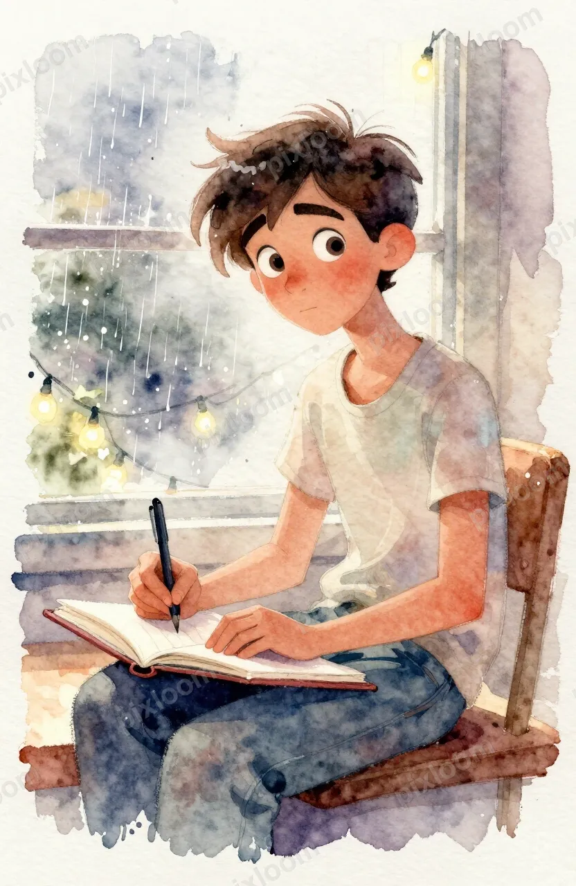Young person journaling in a window seat, rain outside, fair